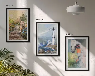 Cadre photo mural avec motif de phare, paysage et fille à cheval