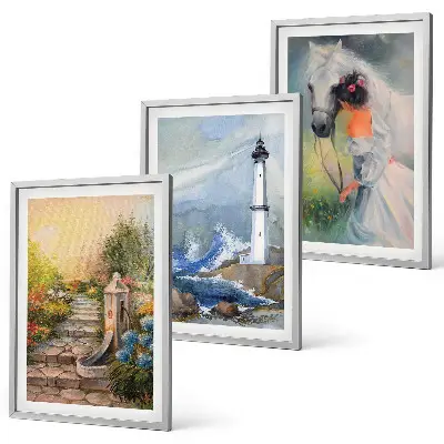 Cadre photo mural avec motif de phare, paysage et fille à cheval