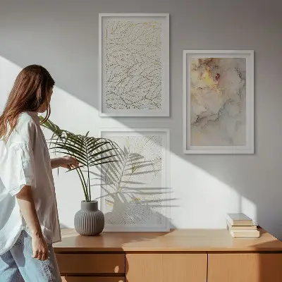 Lot de 3 tableaux pour salon motifs de feuilles et marbre abstrait