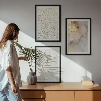 Lot de 3 tableaux pour salon motifs de feuilles et marbre abstrait