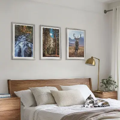 Lot de 3 tableaux pour salon motif cascade forêt montagnes et cerf