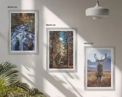 Lot de 3 tableaux pour salon motif cascade forêt montagnes et cerf
