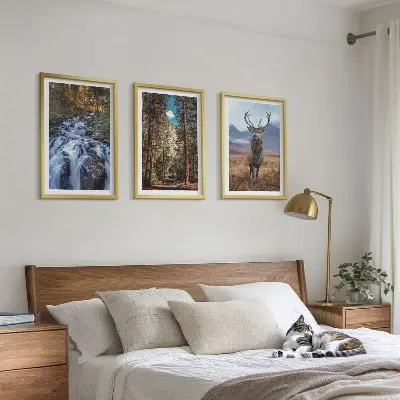 Lot de 3 tableaux pour salon motif cascade forêt montagnes et cerf
