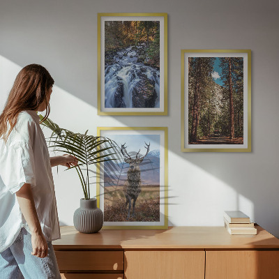 Lot de 3 tableaux pour salon Cascade forêt montagnes cerf nature