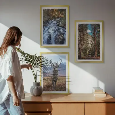 Lot de 3 tableaux pour salon motif cascade forêt montagnes et cerf