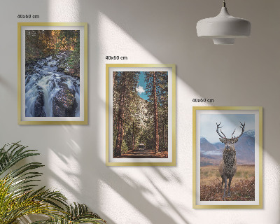 Lot de 3 tableaux pour salon Cascade forêt montagnes cerf nature