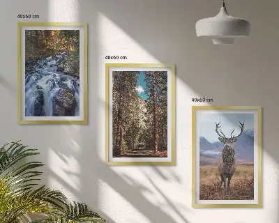 Lot de 3 tableaux pour salon motif cascade forêt montagnes et cerf