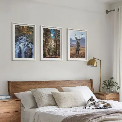 Lot de 3 tableaux pour salon motif cascade forêt montagnes et cerf