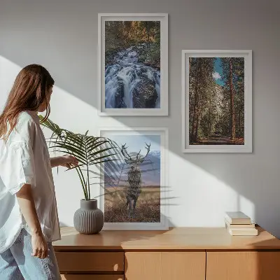 Lot de 3 tableaux pour salon motif cascade forêt montagnes et cerf