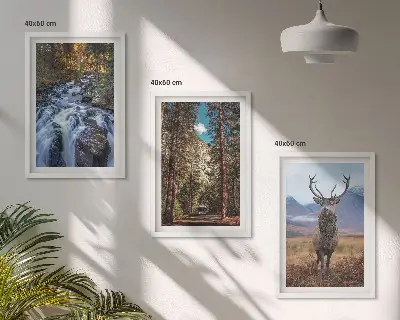 Lot de 3 tableaux pour salon motif cascade forêt montagnes et cerf