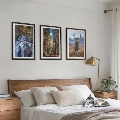 Lot de 3 tableaux pour salon motif cascade forêt montagnes et cerf