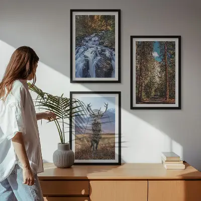 Lot de 3 tableaux pour salon motif cascade forêt montagnes et cerf
