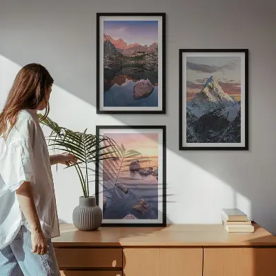 Lot de 3 tableaux pour salon avec paysages de montagne en arrière-plan