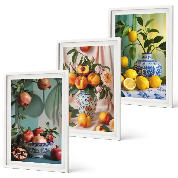 Cadre photo mural motif grenades, pêches et citrons