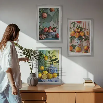 Cadre photo mural motif grenades, pêches et citrons