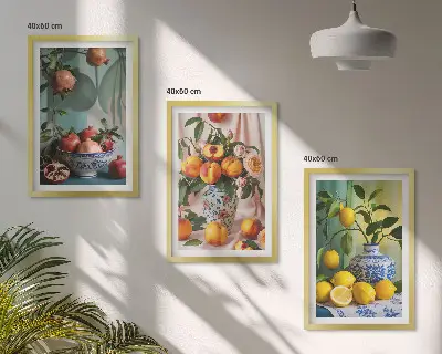 Cadre photo mural motif grenades, pêches et citrons