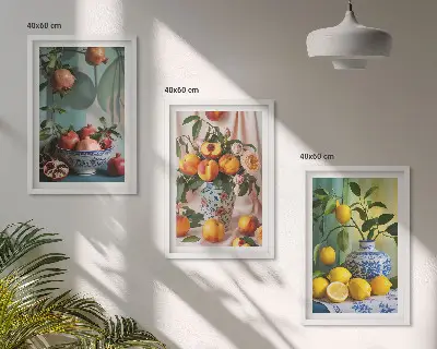 Cadre photo mural motif grenades, pêches et citrons
