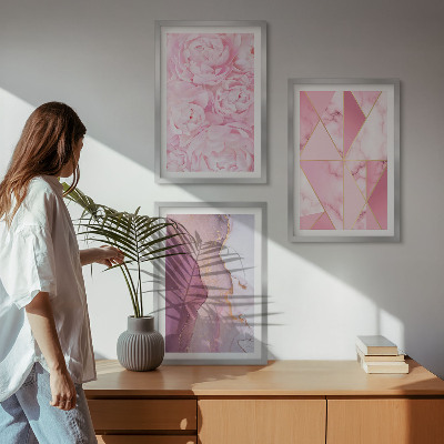 Lot de 3 tableaux pour salon Pivoines géométriques roses