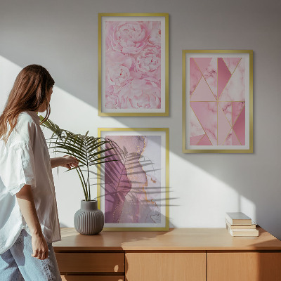 Lot de 3 tableaux pour salon Pivoines géométriques roses