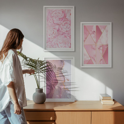 Lot de 3 tableaux pour salon Pivoines géométriques roses