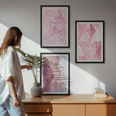 Lot de 3 tableaux pour salon Pivoines géométriques roses