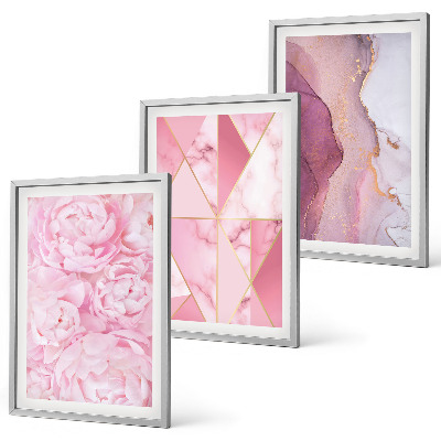 Lot de 3 tableaux pour salon Pivoines géométriques roses