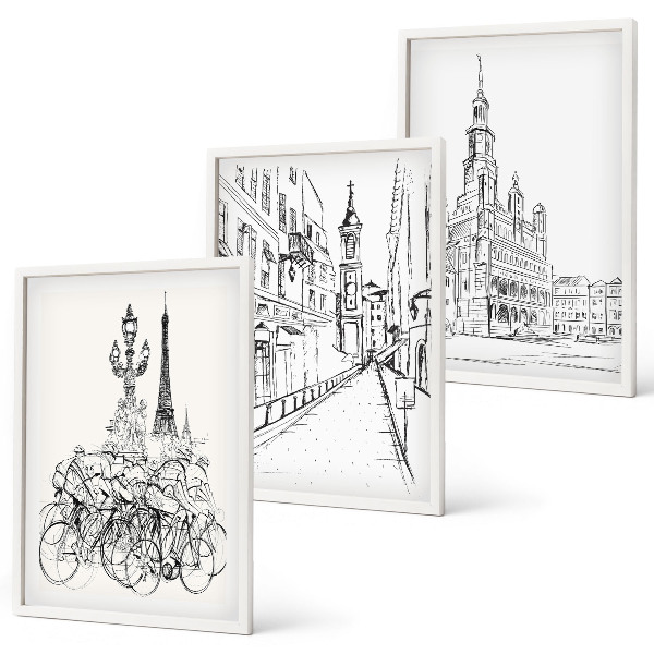 Lot de 3 tableaux pour salon Dessins simples de paysages urbains