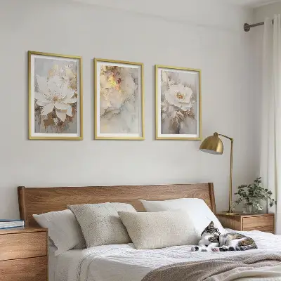 Lot de 3 tableaux pour salon avec un motif de fond abstrait aux fleurs lumineuses