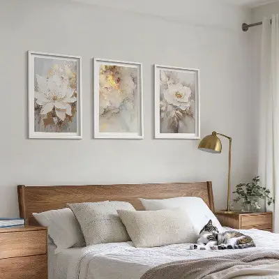 Lot de 3 tableaux pour salon avec un motif de fond abstrait aux fleurs lumineuses