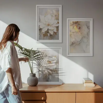Lot de 3 tableaux pour salon avec un motif de fond abstrait aux fleurs lumineuses