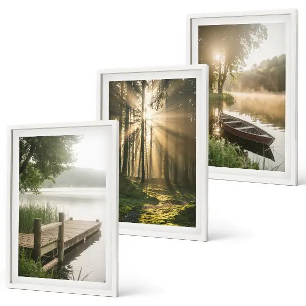 Lot de 3 tableaux pour salon paysage de lac en forêt avec un bateau dans le brouillard matinal