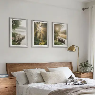 Lot de 3 tableaux pour salon paysage de lac en forêt avec un bateau dans le brouillard matinal