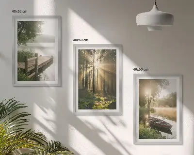 Lot de 3 tableaux pour salon paysage de lac en forêt avec un bateau dans le brouillard matinal