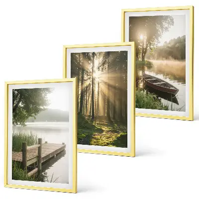 Lot de 3 tableaux pour salon paysage de lac en forêt avec un bateau dans le brouillard matinal