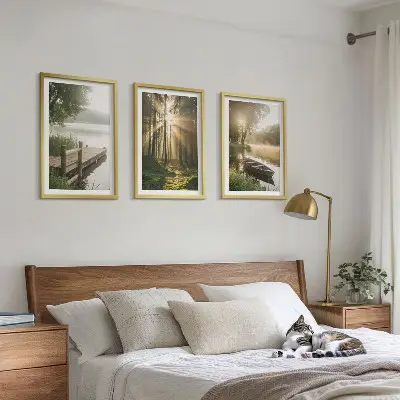 Lot de 3 tableaux pour salon paysage de lac en forêt avec un bateau dans le brouillard matinal