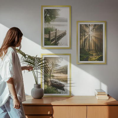 Lot de 3 tableaux pour salon Lac, forêt, bateau, brouillard matinal