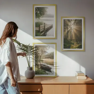 Lot de 3 tableaux pour salon paysage de lac en forêt avec un bateau dans le brouillard matinal