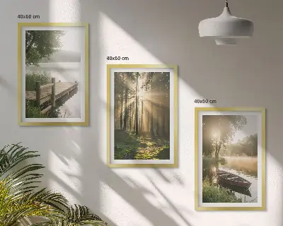 Lot de 3 tableaux pour salon paysage de lac en forêt avec un bateau dans le brouillard matinal