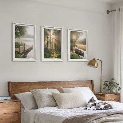 Lot de 3 tableaux pour salon Lac, forêt, bateau, brouillard matinal