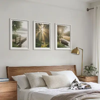 Lot de 3 tableaux pour salon paysage de lac en forêt avec un bateau dans le brouillard matinal