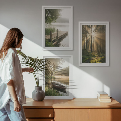 Lot de 3 tableaux pour salon Lac, forêt, bateau, brouillard matinal