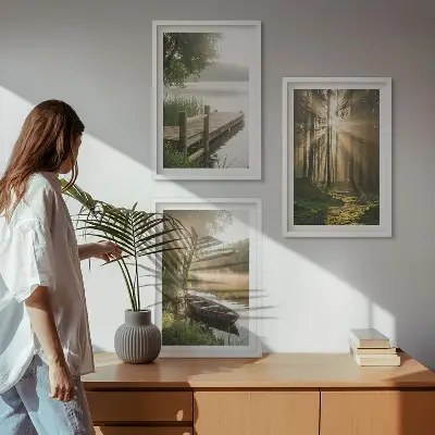 Lot de 3 tableaux pour salon paysage de lac en forêt avec un bateau dans le brouillard matinal