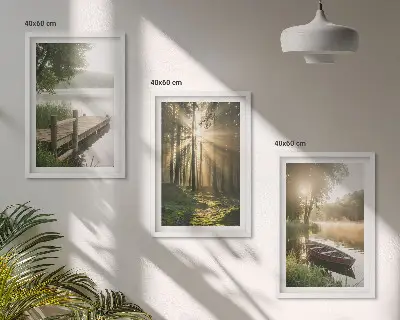 Lot de 3 tableaux pour salon paysage de lac en forêt avec un bateau dans le brouillard matinal