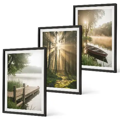 Lot de 3 tableaux pour salon paysage de lac en forêt avec un bateau dans le brouillard matinal