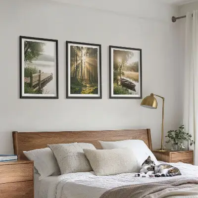 Lot de 3 tableaux pour salon paysage de lac en forêt avec un bateau dans le brouillard matinal