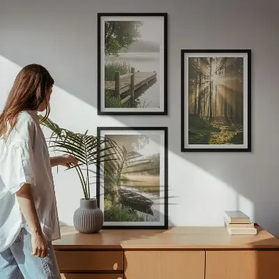 Lot de 3 tableaux pour salon paysage de lac en forêt avec un bateau dans le brouillard matinal