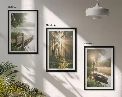 Lot de 3 tableaux pour salon paysage de lac en forêt avec un bateau dans le brouillard matinal
