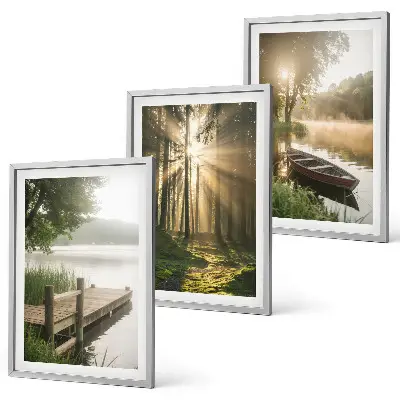 Lot de 3 tableaux pour salon paysage de lac en forêt avec un bateau dans le brouillard matinal