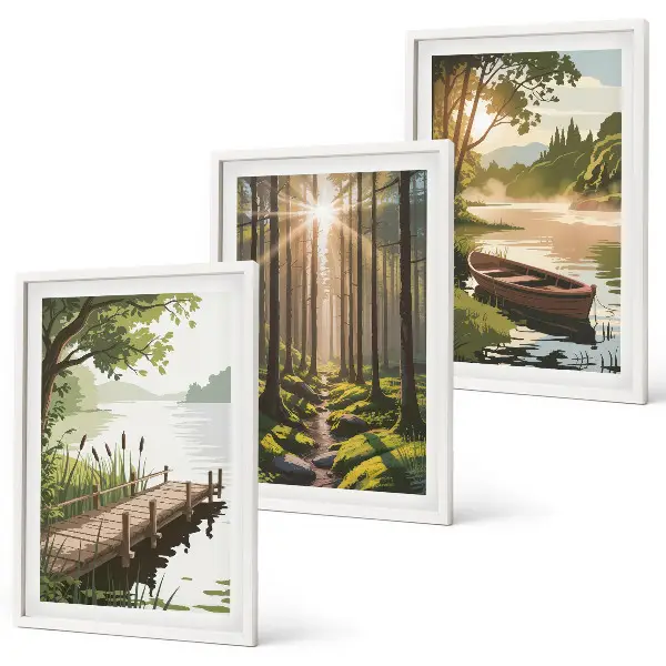 Cadre photo mural paysage de forêt avec lac et bateau