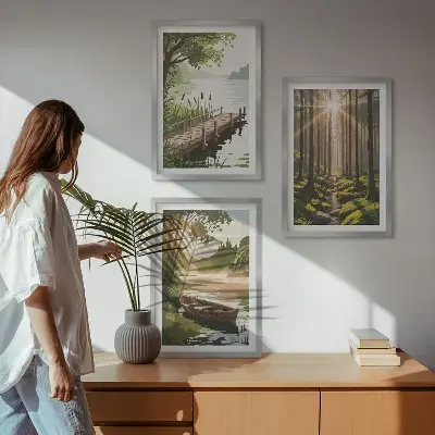 Cadre photo mural paysage de forêt avec lac et bateau